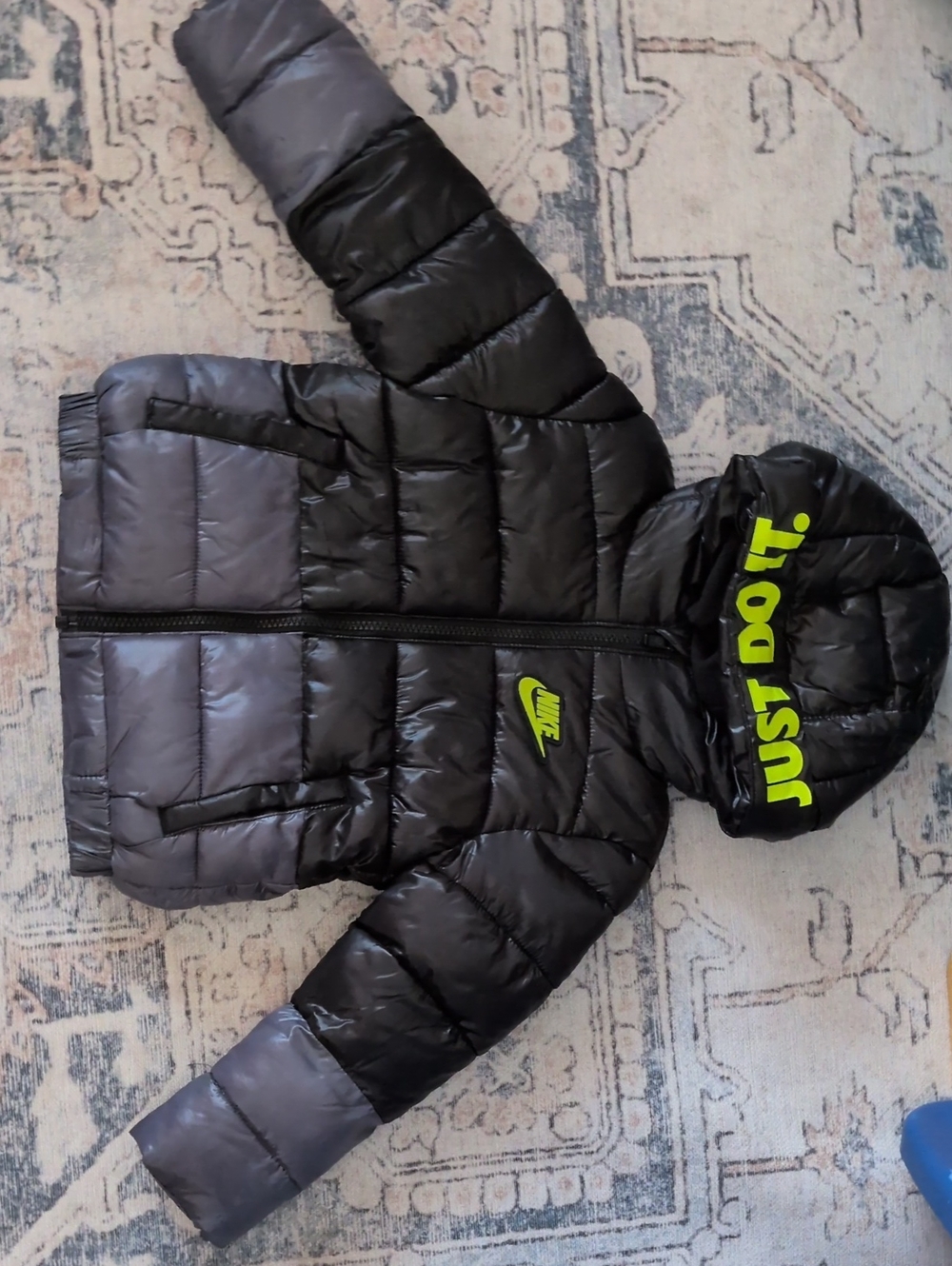 Nike Kids Black & Gray Puffer Jacket with Neon Green 'Just Do It' Accent
